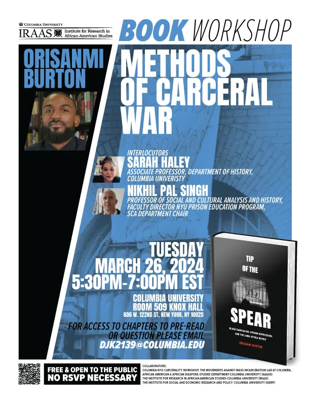 image poster for event “METHODS OF CARCERAL WAR” BOOK WORKSHOP with Professor Orisanmi Burton