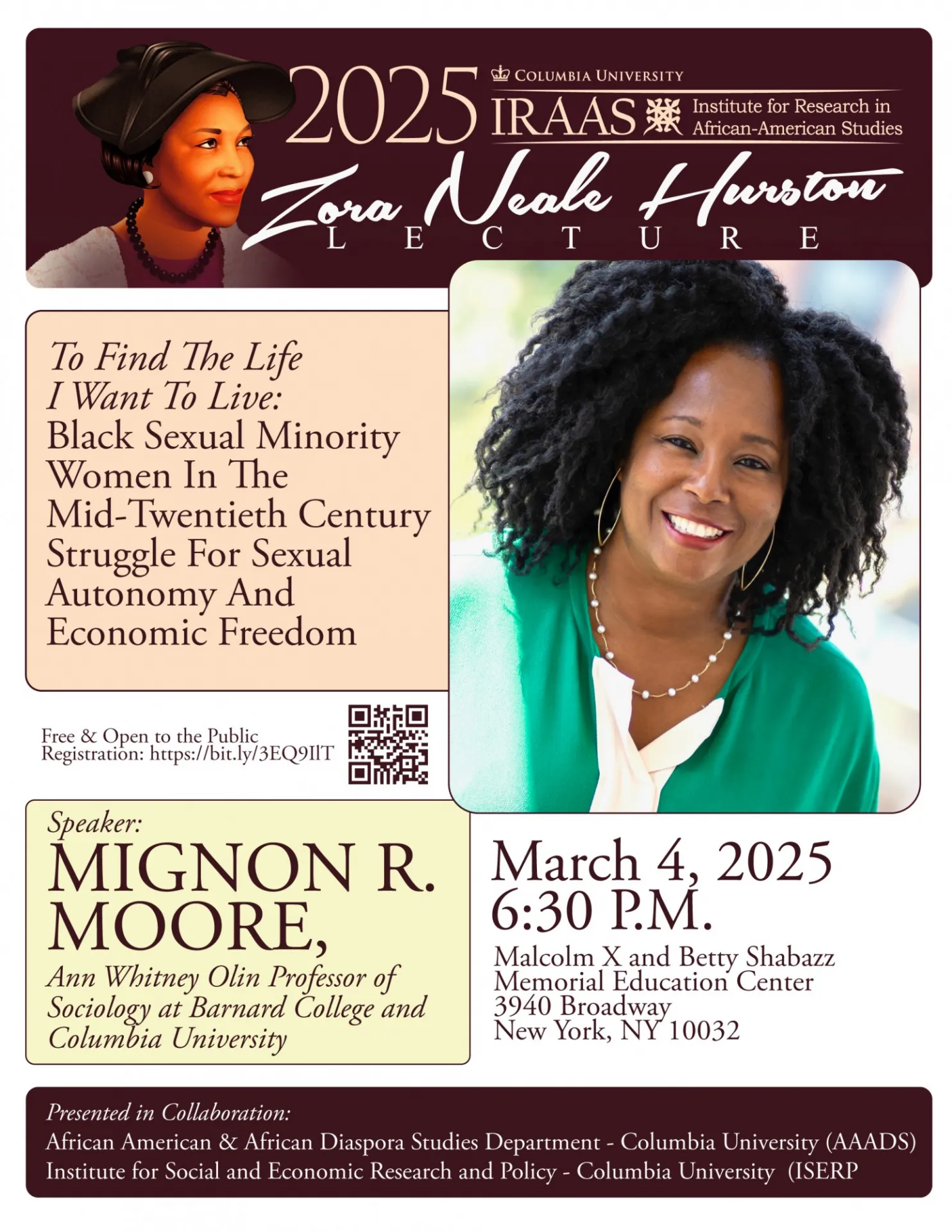 Image is an event flyer for ZORA NEALE HURSTON LECTURE with Speaker MIGNON R. MOORE