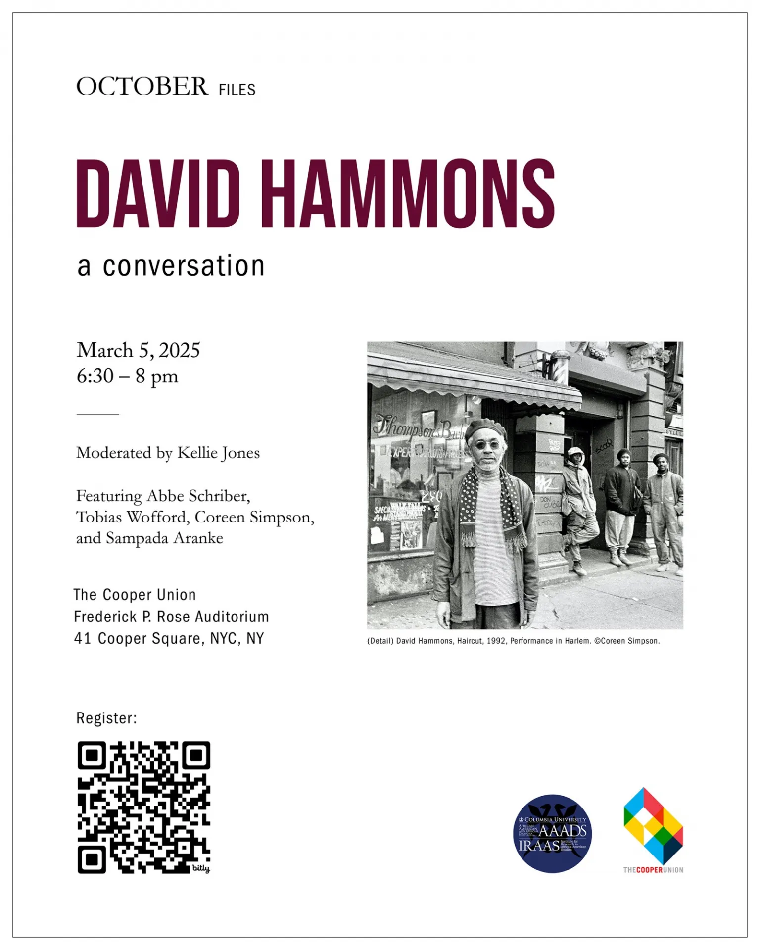 Image poster of David Hammons event on March 5, 2025 from 6:30-8pm