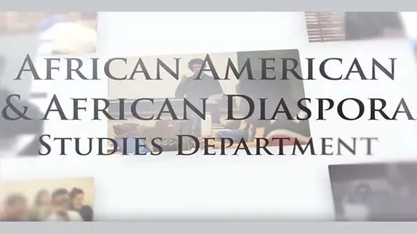 The Columbia University African American African Diaspora Studies Department dark lettering overlays over multiple images on a white background