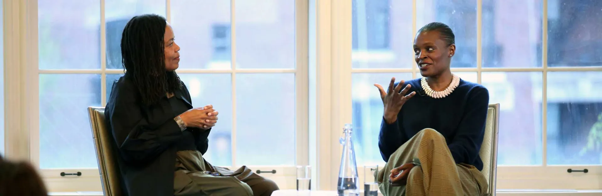 Photo of Okwui Okpokwasili, right, at 2023 Mellon Arts Dialogue with Saidiya Hartman