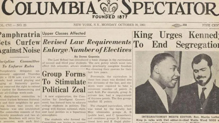 A clipping from the front page of the Monday, October 26, 1961 edition of The Columbia Spectator, featuring the headline "King Urges Kennedy to End Segregation"