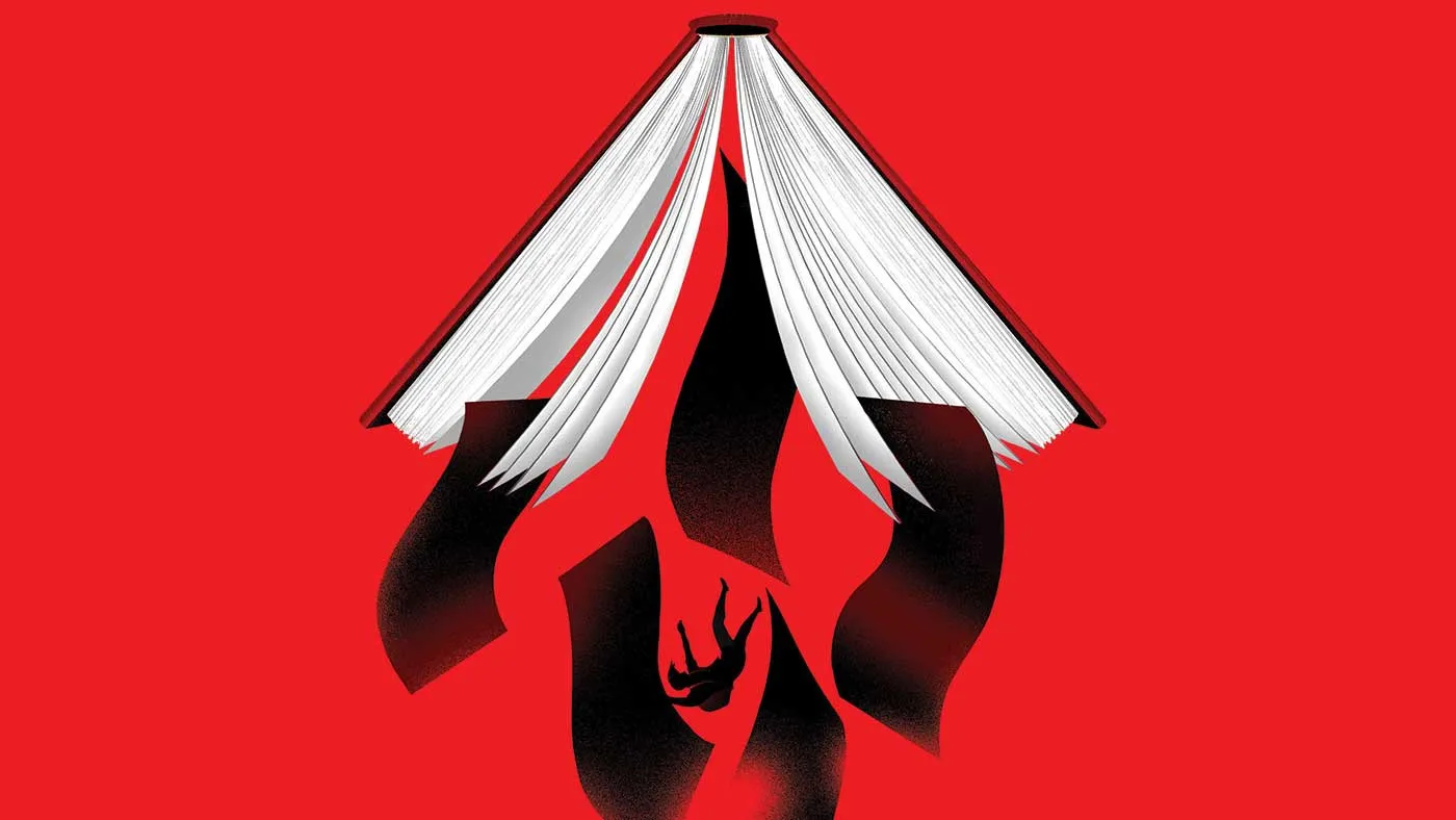 Graphic image of man falling out of a book (Graphic by Allen Stauffer)
