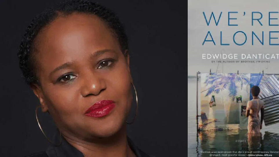 photo of Professor Edwidge Danticat with cover of "We're Alone"