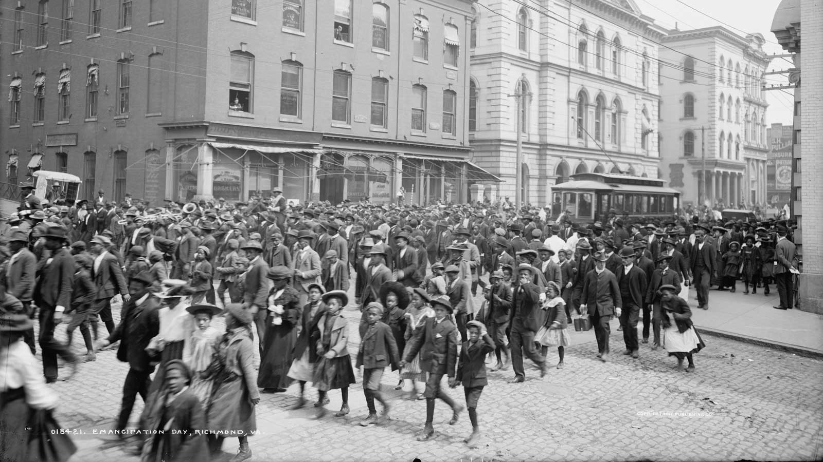 An Emancipation Day parade on Main Street, Richmond, Virginia, in about 1905. The building in the back is 1000 Main Street. (Library of Congress)