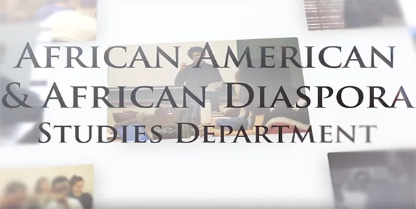 The Columbia University African American African Diaspora Studies Department dark lettering overlays over multiple images on a white background
