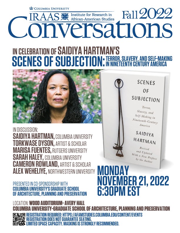 Image of event with Saidiya Hartman of Scenes of Subjection: Slavery, Terror, and Self-Making in 19th Century America