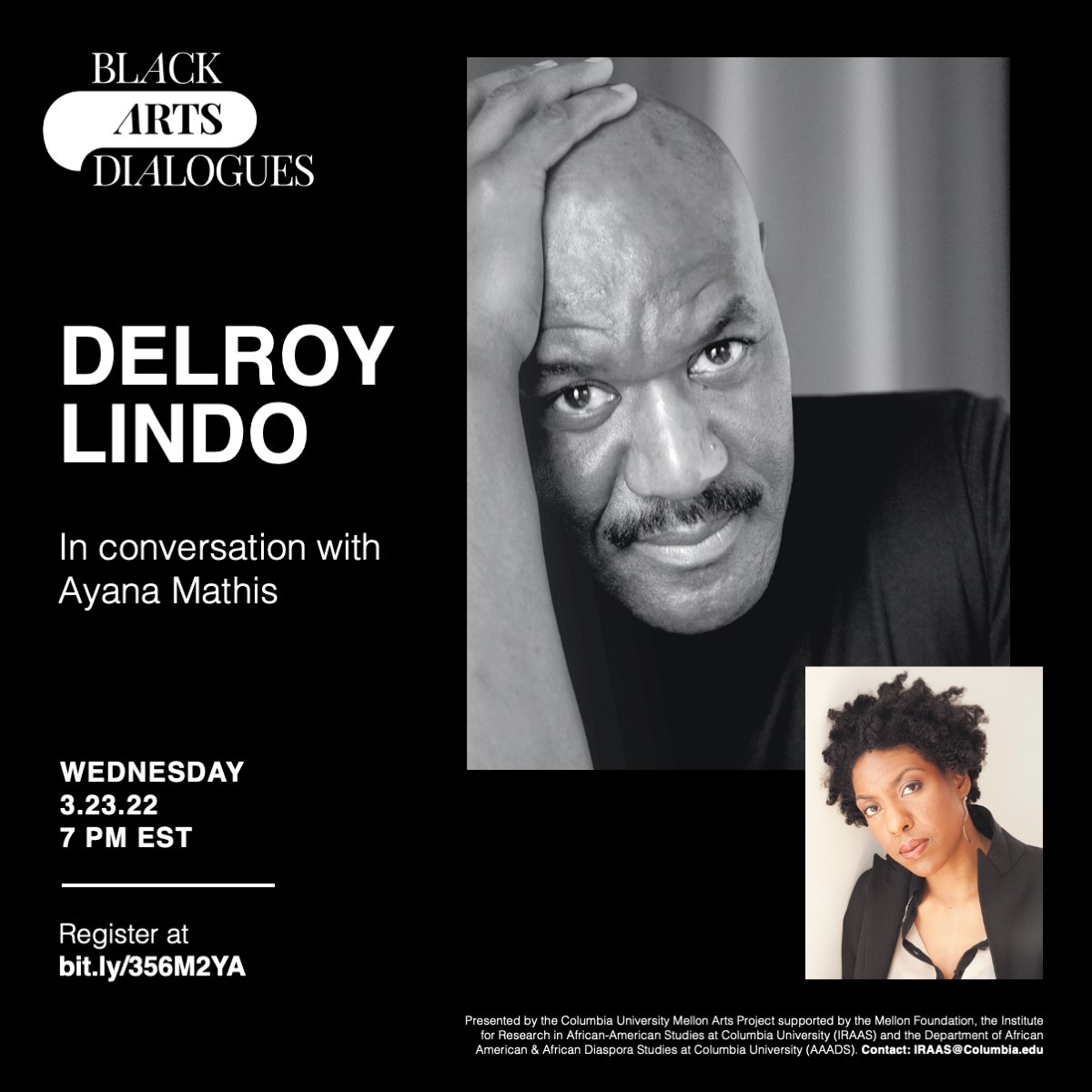 Image poster for The Black Arts Dialogues event with Ayana Mathis & Delroy Lindo
