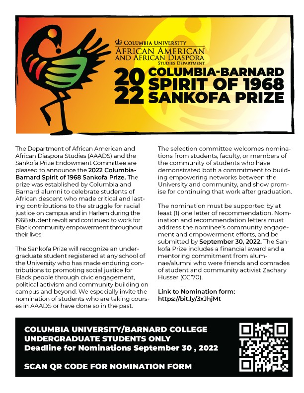 Image poster for 2022 Columbia-Barnard Spirit of 1968 Sankofa Prize