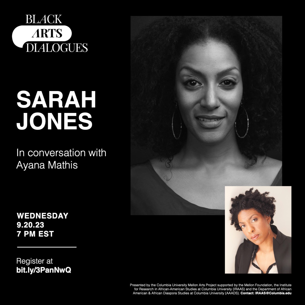 Image of event poster with Sarah Jones in conversation with Ayana Mathis