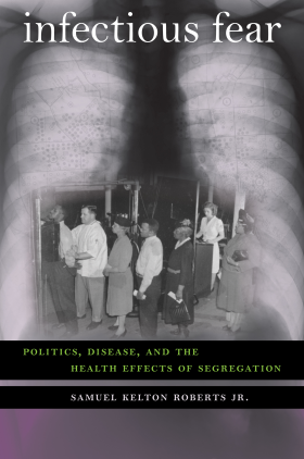 An image of black mena dn women waiting in line to be evaluated by a physician is ghosted over an X-ray of a pair of lungs; the words "infectious fear" appear at the top