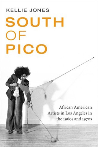 Book jacket featuring a white background with the words "South of Pico" in gold lettering